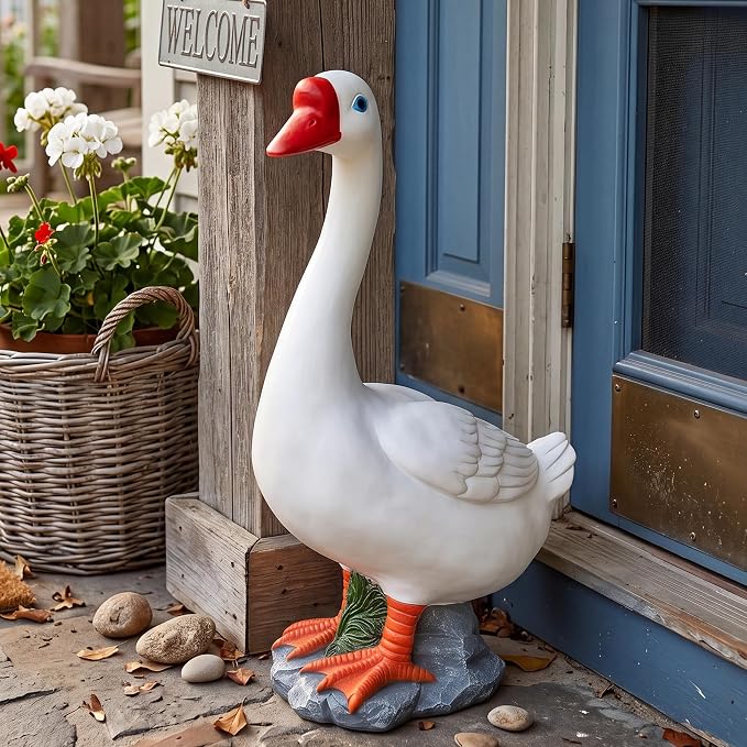 Large Porch Goose Statue 20 Inch, Resin Front Porch Goose Decor, Geese Decor Lawn and Garden Statue for Patio, Balcony,Yard Decorations, Housewarming Birthday Gifts,White