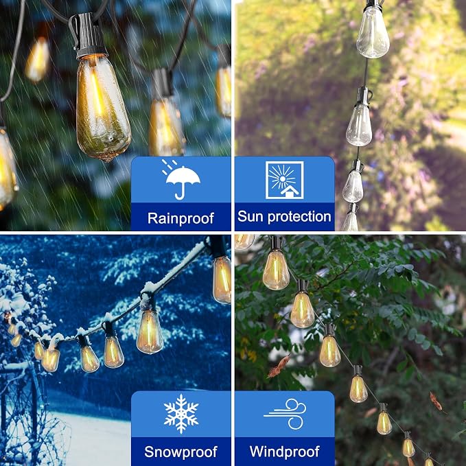 Stright 60FT Solar String Lights Weatherproof 15 LED for Patio Holiday | Weatherproof with Remote, Solar Powered LED Edison Bulb, 15 Sockets, For Patio Backyard Fence