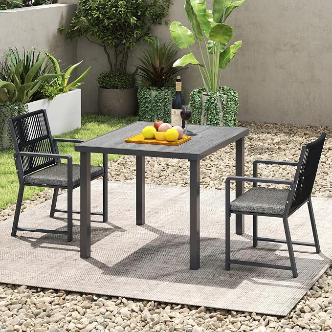 3 Pieces Metal Outdoor Dinning Set Featuring 1 Table and 2 Ratten Chairs Waterproof and Rust-Proof Courtyard Style Table Garden Balcony Poolside, Dark Gray 3 Pcs