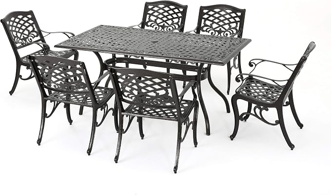 Christopher Knight Home Hallandale Outdoor Sarasota Cast Aluminum Rectangular Dining Set, 7-Pcs Set, Hammered Bronze