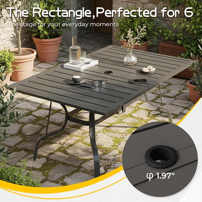 EROMMY 7-Piece Outdoor Patio Dining Set, 6 Wicker Swivel Rocking Chairs with 4" Cushions, Rectangular Table with Adjustable Umbrella Hole for Backyard, Deck, Black