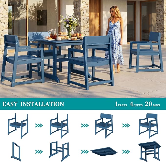 Vongrasig 5 Pieces Patio Dining Set, All Weather Outdoor HDPE Dining Furniture Set with Table and Chairs for 4, Garden Patio Furniture Set for Lawn, Backyard, Poolside, Blue