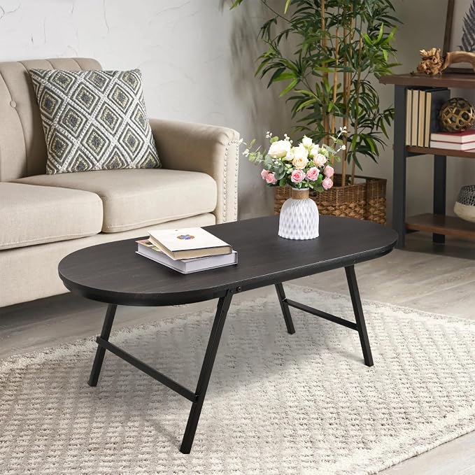 Small Oval Coffee Table Wood and Metal Folding Low Coffee Tables with Safety Lock Portable Outdoor Table Floor Center Table for Living Room Small Spaces, Black Gold