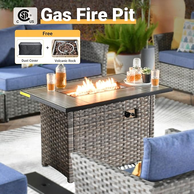 CAODOC 16 Pieces Patio Furniture Conversation Set with 42" Fire Pit Table Rocking Chair Outdoor Sectional Gray Wicker Sofa Set