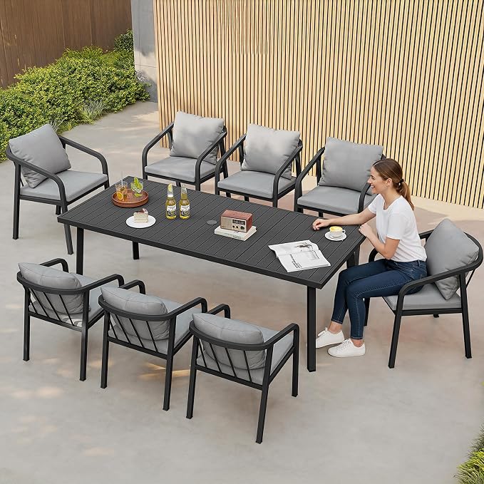 82"×35" Never-Rust Aluminum Outdoor Dining Table – Rectangular Patio Table for 8 Person with Umbrella Hole, Heavy Duty All-Weather for Poolside, Garden, Backyard, Porch, Deck, Black