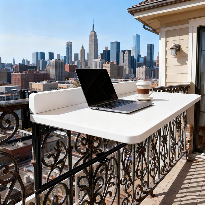 Outdoor Balcony Bar Table for Railings Aluminium Folding Balcony Shelf 5 Height Adjustable Wall-Mounted Side Table Saving Space 120 lbs Loading Serving Table for Patio Deck(White,39.4x15.7in)