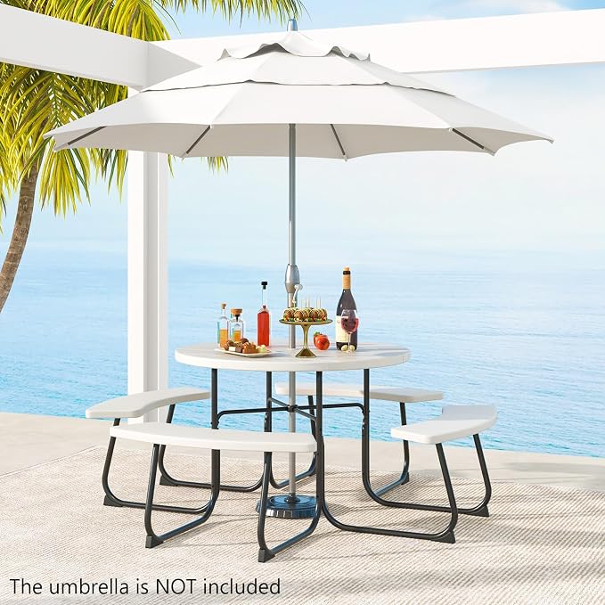HAPPYGRILL 8-Person Picnic Table Bench Set with Umbrella Hole, 43” Outdoor Dining Table w/4 Benches, Wood-Like Texture Tabletop, Stable U-Shaped Base, Round Table for Backyards, White