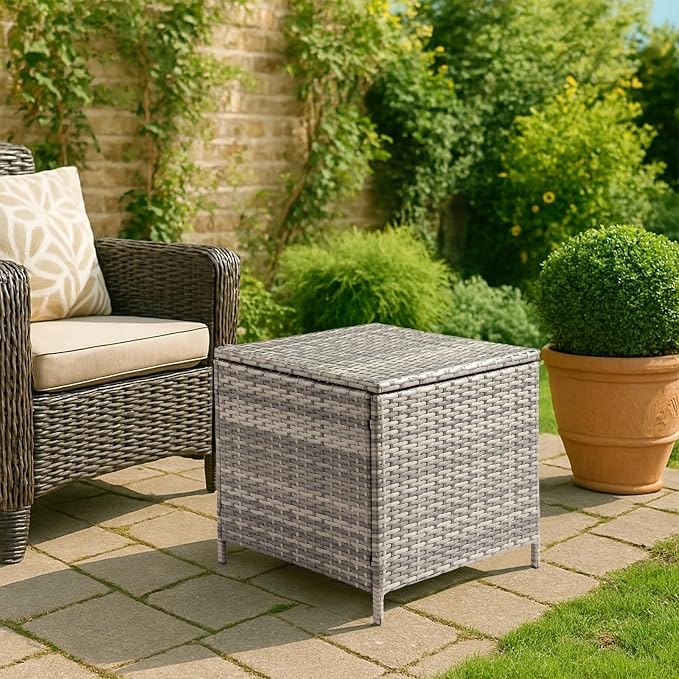 HOMSUPPLIE'S 27 Gallon Outdoor Side Table with Storage Space, Waterproof Wicker Patio Deck Box, Rattan End Table with Hidden Storage for Pool Towels, Toys & Garden Tools(Grey,Square)