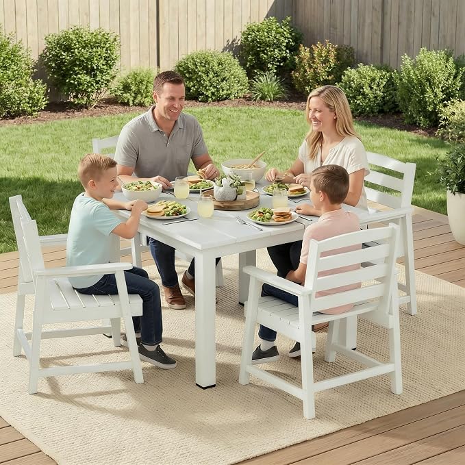 LOUNZY 5 Piece Outdoor Dining Table Set for 4, Patio Furniture, White | 4 seat Outdoor dining set, weather resistant HDPE, UV and moisture resistant, built for long-term backyard