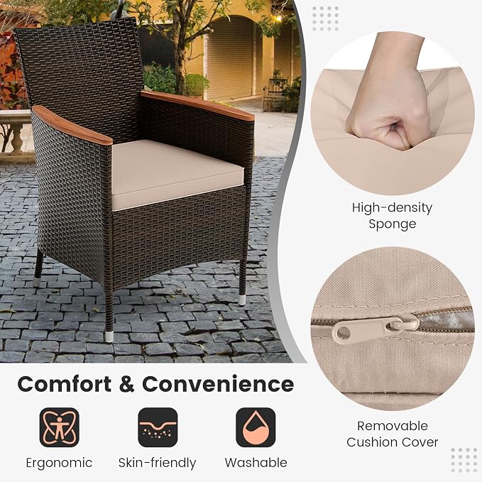 Tangkula 7 Pieces Outdoor Wicker Dining Set, Patio Dining Furniture Set with Acacia Wood Table and 6 Stackable Chairs, Outdoor Table and Chairs Set with 1.96” Umbrella Hole and Cushions
