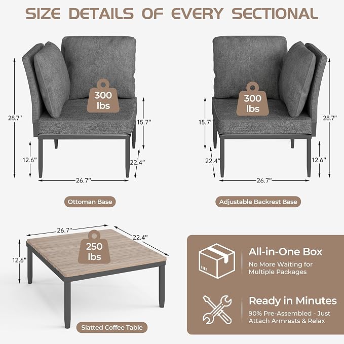 5 in 1 Modular Patio Furniture Set, 3 Piece Aluminum Convertible Outdoor Sectional to Loveseat, Tanning Chair, All-Weather Seating for Balcony, Apartment, Gray