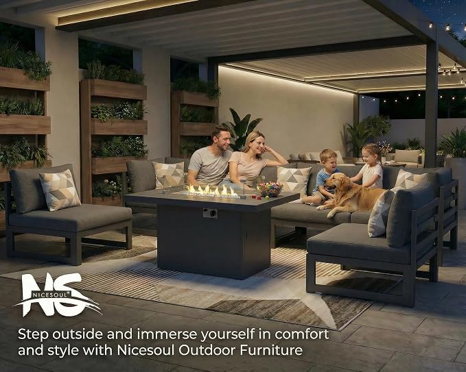 NICESOUL Aluminum Frame Patio Furniture Set with Fireplace, 9 Piece Oversized Modular Outdoor Sectional Sofa, 29" Deep Wide Seating, Modern L Shaped Conversation Set for Backyard, Garden, Dark Grey