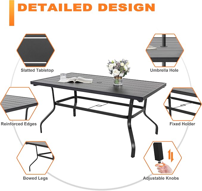 NUU GARDEN 7 Pieces Patio Dining Set, All-Weather Outdoor Furniture with 6 Textilene Dining Chairs and 61" Rectangle Metal Dining Table with Umbrella Hole for Patio Deck Garden, Black and Brown