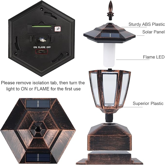 Dynaming 4 Pack Solar Flame Post Lights Outdoor, Solar Powered Lamps Fence Post Cap Lights, Flickering Flame LED Lantern Waterproof for Garden Deck Patio, Fit 4x4, 5x5 or 6x6 Wooden Posts, Bronze