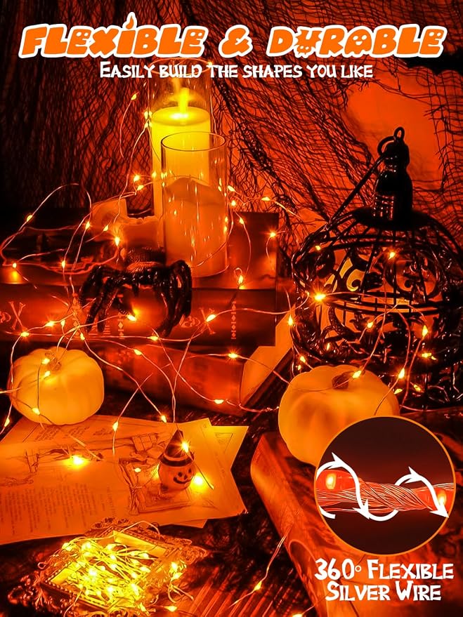 4 Pack 60 LED Fairy Lights Battery Operated with Timer, Fall Lights Orange | 20 FT , Cuttable, Waterproof Battery Fall String Lights for Thanksgiving Indoor Outdoor, Bedroom, DIY, Halloween Decorations