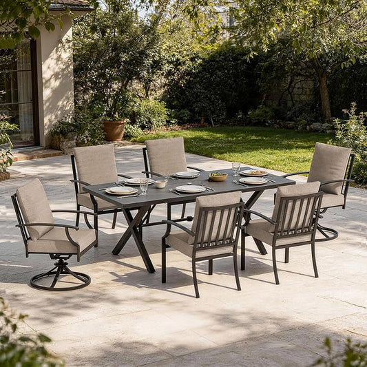 7 PCS Outdoor Patio Dining Set,Patio Table and Chairs Metal Outdoor Patio Furniture Set with Umbrella Hole,Dining Table Set with Swivel Chairs for Deck,Backyard and Garden,Brown