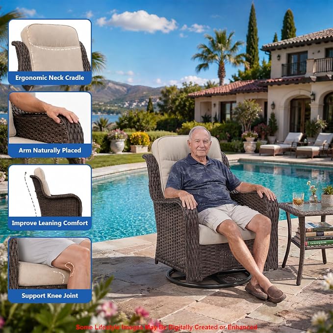 3-Piece Outdoor Swivel Chairs with Side Table, Glider Rocking Chair with 6" Thick Cushions, Weather-Resistant Wicker Patio Furniture Set, for Yard, Poolside, Patio, Porch, Deck