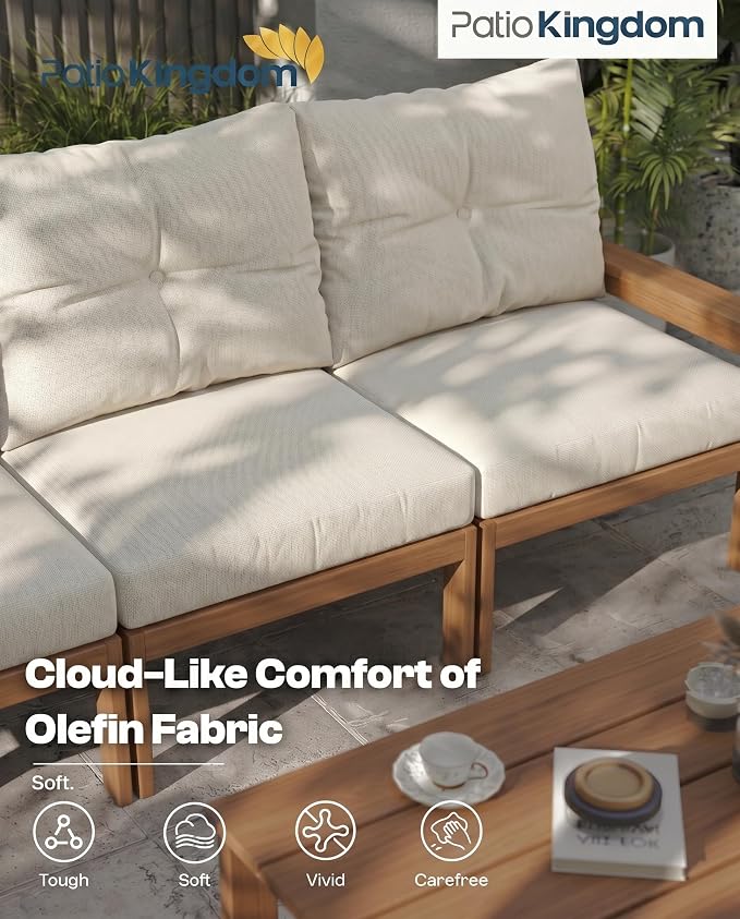 HDPE Outdoor Patio Furniture Set, 10-Piece Patio Conversation Set with 3-Seat Sofa, 4 Armchairs, 2 Side Tables & 1 Coffee Table, All-Weather Outdoor Sofa Set for Deck, Porch, Garden (Teak Frame)
