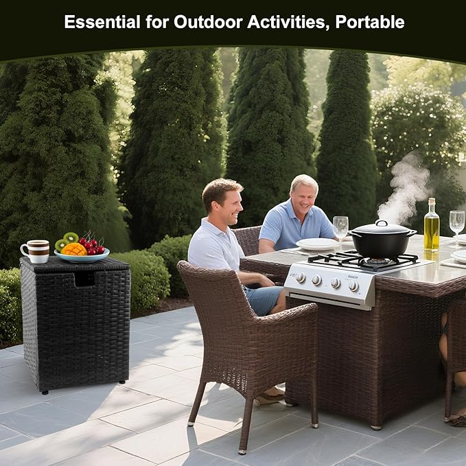 20 LB Wicker Propane Tank Cover Table, Weatherproof Outdoor Propane Tank Hide with Adjustable Feet,Perfect for Backyard, Balcony and Poolside（Black）