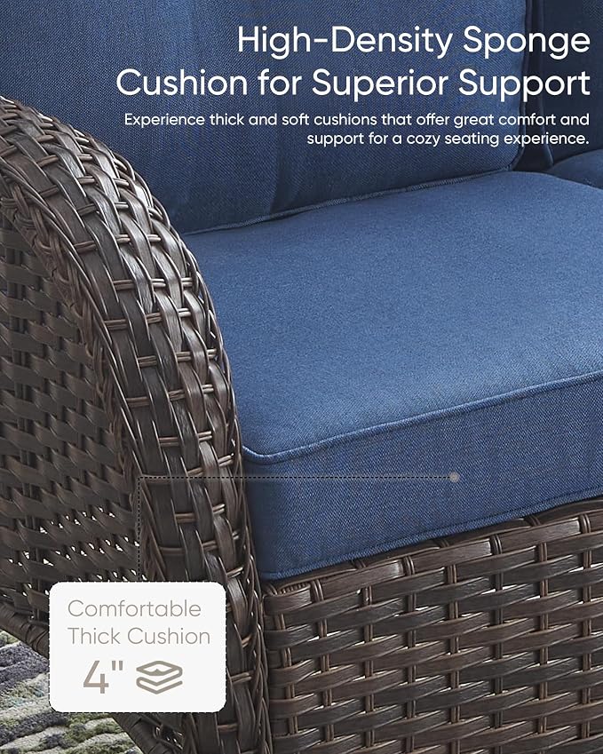 HUMMUH Outdoor Patio Couch with Thick Cushions Patio Sofa for Deck Lawn Porch Balcony Poolside-Brown/Blue