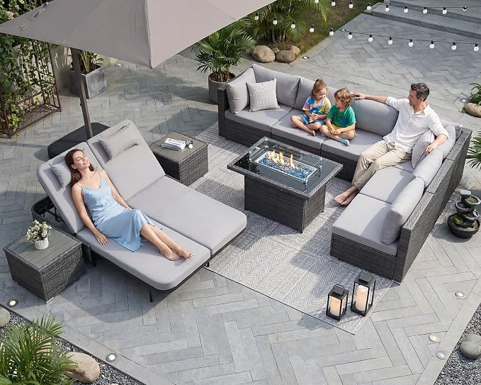 NICESOUL 11 Piece Outdoor Patio Furniture Set with Fire Pit Natural Gas/Propane, 29.3'' High Back Comfy Wicker Patio Sectional with Firepit & Chaise Lounge, 8 Seats Big Deep Couch for Backyard, Grey