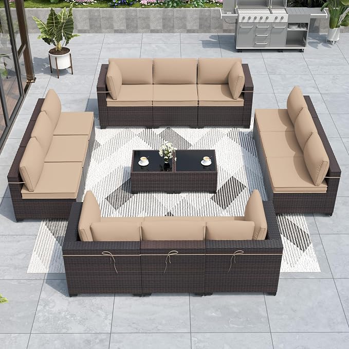 ALAULM Patio Furniture Set with Coffee Table, 14 Pieces Outdoor Sectional with Wide Seat and Thick Cushion, All Weather Wicker Rattan Conversation Set for Backyard, Garden, Deck, Sand