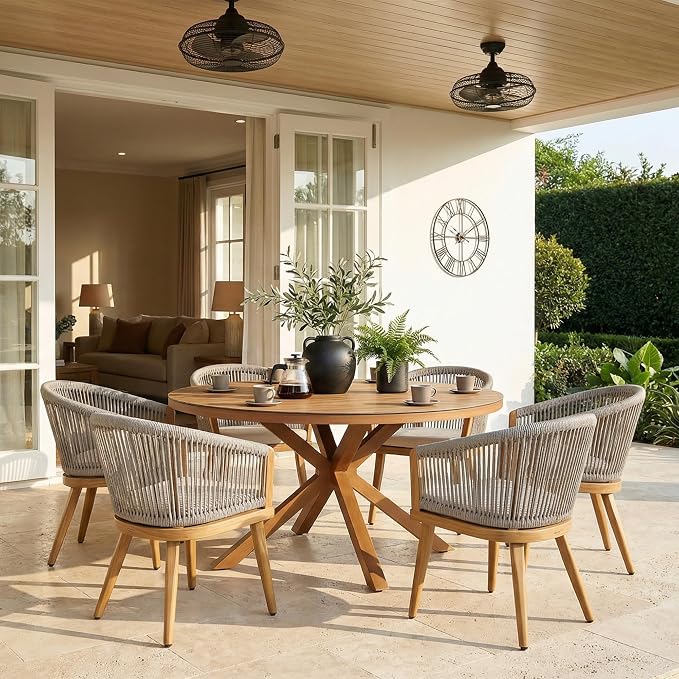 PURPLE LEAF 7-Piece Patio Dining Set with Cushions Deep Teak Round Table and Chairs All-Weather Wicker & Teak-Finish Aluminum Frame Outdoor Furniture for Garden Deck Backyard