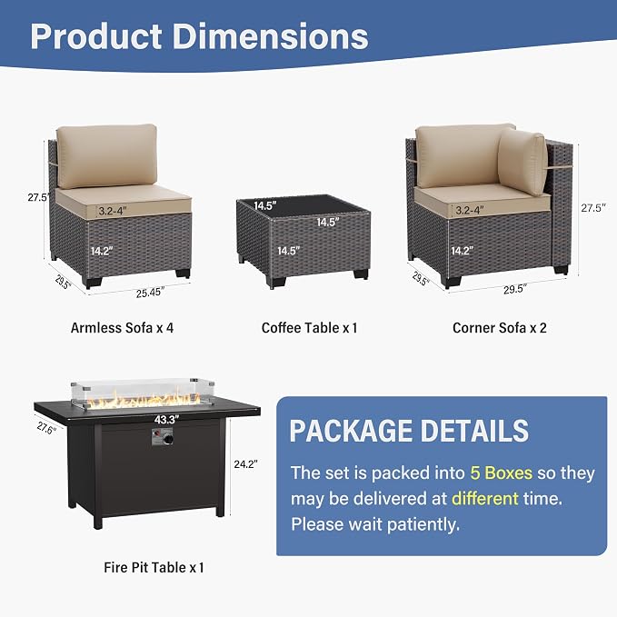 ALAULM 8 Pieces Patio Furniture Set with Aluminum Fire Pit Table Outdoor Furniture Sets 55000BTU Gas Fire Pit Brown PE Rattan Wicker Patio Conversation Sets w/6 Cushions-Sand