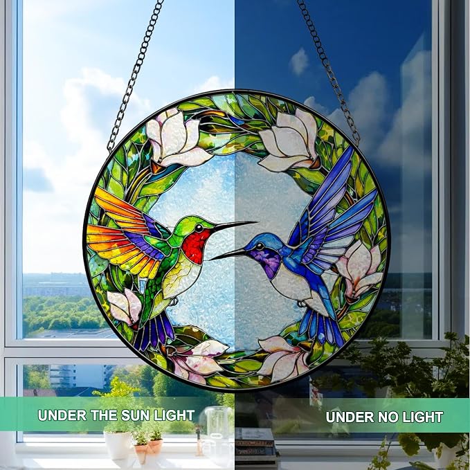 Stained Glass Window Hanging - Colorful Hummingbirds Suncatcher for Windows Doors Home Decor, Hummingbird Magnolia Flowers Sun Catcher Gift for Women Mom Nana Bird Lovers Christmas Mother's Day 7.8 in