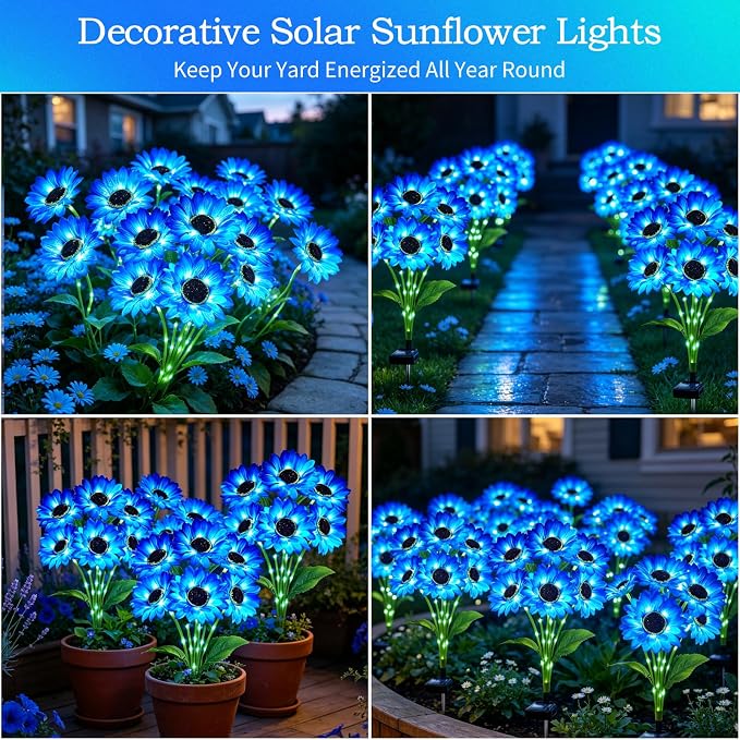 MRHEPHAESTUS Solar Garden Lights Outdoor, 4 Pack Solar Blue Sunflower Lights with 18 Head 3.5 Inch Flowers, Waterproof Flowers Light Fall Decor Auto ON/Off for Garden Yard Patio, Gifts for Mom Women