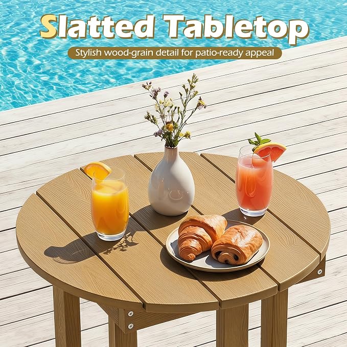 Tangkula Round Outdoor Side Table, Adirondack Side Table with Weather-Resistant, Waterproof Top, Small Outside End Table for Patio Deck Pool Porch, Easy Maintenance (Brown,1)