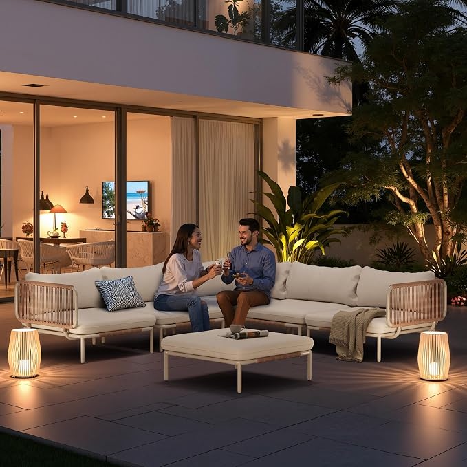 Patio Furniture Set, Outdoor Patio Furniture Oversized Metal Single Sofa, 2-seat Conversation Set with Cushion for Indoor and Outdoor, White Frame and Beige Mat, （2 Seats 2 Armrests）