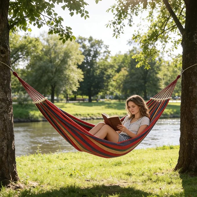 Canvas & Wood Hammock, Red-Purple Striped, 129.9x59.1 inches, Extra Large Double Hammock, 500 LBS Weight Capacity, Portable with Storage Bag & 2x9.8ft Tree Ropes, Includes Installation Manual, for Out