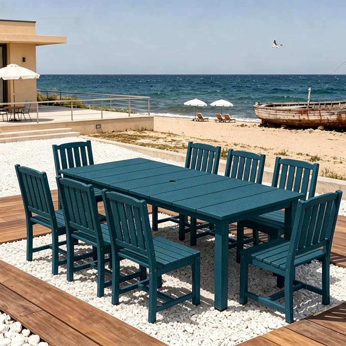 AreShark 9-Piece Outdoor Dining Set,HDPE Patio Table with 8 Chairs,All-Weather Patio Furniture Set with Umbrella Hole,Low Maintenance Wood Grain Dining Set for Backyard,Garden,Poolside,Navy Blue