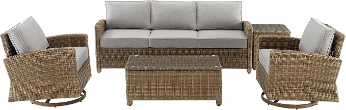 Crosley Furniture Bradenton 5-Piece Wicker Outdoor Sofa and Swivel Rocker Patio Furniture Set for Porch, Brown with Gray Cushions