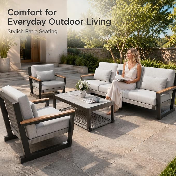 Aluminum Patio Furniture Set 5 Seats, Oversized Outdoor Sectional with Washable Thick Cushions, Coffee Table and Waterproof Cover, Patio Conversation Sets for Porch, Balcony, Deck Grey