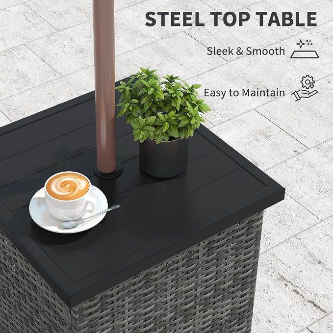 Outsunny All Weather Wicker Side Table with 1.5" Umbrella Hole, Square PE Rattan Outdoor End Table with Umbrella Base, UV-Resistant Frame, Storage Space for Patio, Garden, Poolside, Deck, Mixed-Gray