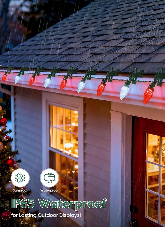 C9 Christmas Lights Outdoor, 102FT 150 LED String Lights with Spring Clips | Waterproof Connectable Commercial Grade Christmas Tree Lights for Outside Roofline Patio Yard Home Xmas Decor, Red|Pure White