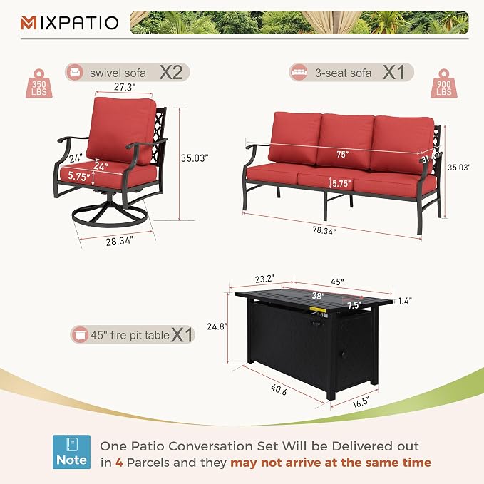 MIXPATIO Patio Furniture Set, 4 Pcs Metal Outdoor Conversation Set, 2 Swivel Chairs and 3 Seater Sofa with 5.75" Extra Thick Cushion and Gas Fire Pit Table for Backyard Deck, Red