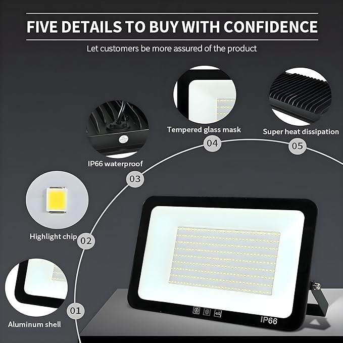 4Pack LED Flood Light Outdoor,250W LED Work Light 25500lm with 6FT US Plug,IP66 Waterproof Exterior Security Lights,6000K Daylight White Outside Floodlights Slim Design for Playground Yard