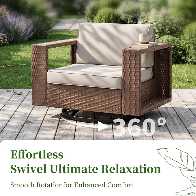 Bonzy Home 6 Piece Patio Furniture Set, Wicker Swivel Chairs Set of 2 with Rattan Side Table and 2 Ottoman & Loveseat Couch, Outdoor Patio Furniture with Extra-Thick Soft Cushions for Porch, Balcony