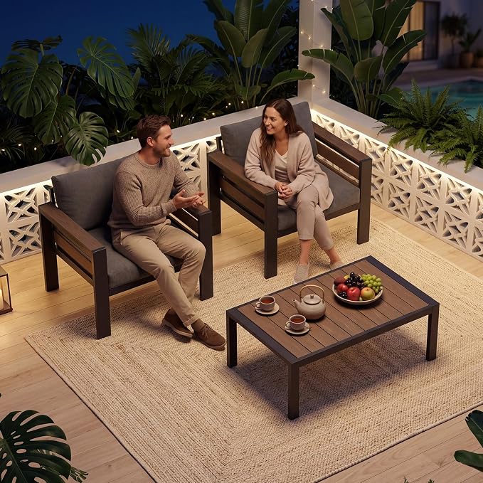 SUNYRISY Aluminum Outdoor Patio Furniture Set with Coffee Table, 3 Piece Metal Outdoor Modern Conversation Sets with Thick Cushions, Sectional Sofa Couch Set for Porch, Deck, Backyard