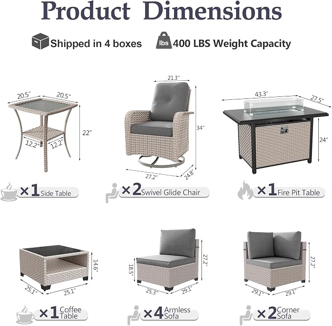 Patio Furniture Set, 11-Piece Outdoor Sectional Sofa with Swivel Rocker Chairs & Fire Pit Table, Wicker Patio Conversation Set with Coffee Table, Gray Cushions