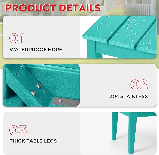 Costaelm Adirondack Outdoor Coffee Table, HDPE Drink Table Weather Resistant, Patio Porch Accent Balcony Table Outdoor End Table for Pool, Seaside, Backyard, Turquoise
