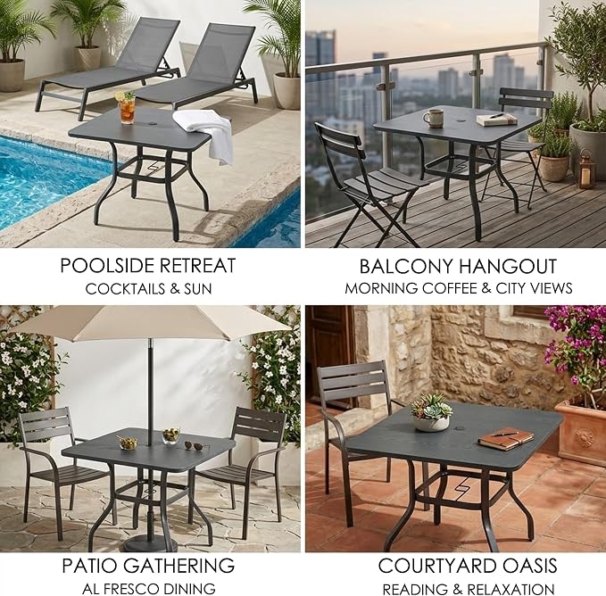 Kozyard 35.4" Square Outdoor Dining Table for 4, Steel Frame with Textured Wood-Grain Tabletop, Patio Table with Umbrella Hole for Backyard, Balcony, Garden Gray