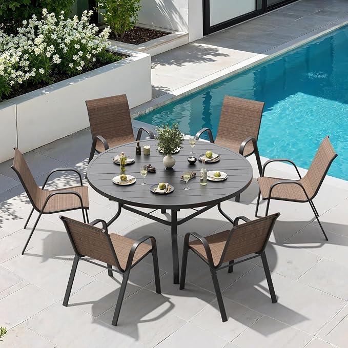 Soohow Outdoor Dining Set for 6, 7-piece Outdoor Patio Dining Set 6 x Stackable Patio Chairs & 1 x Round Table with Umbrella Hole, All-Weather Outside Table and Chairs for Backyard, Balcony, Porch