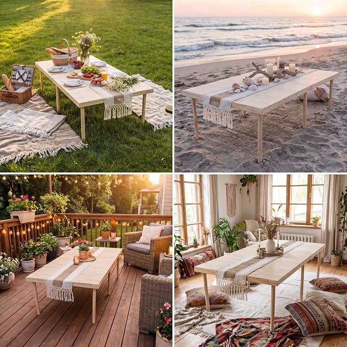 60" x 30" Boho Folding Picnic Table Set with Blanket and Runner, Extra Stable Low Wooden Table, Adjustable Height Portable Floor Seating for 4-6 People, Wedding Photoshoot Beach Camping Party
