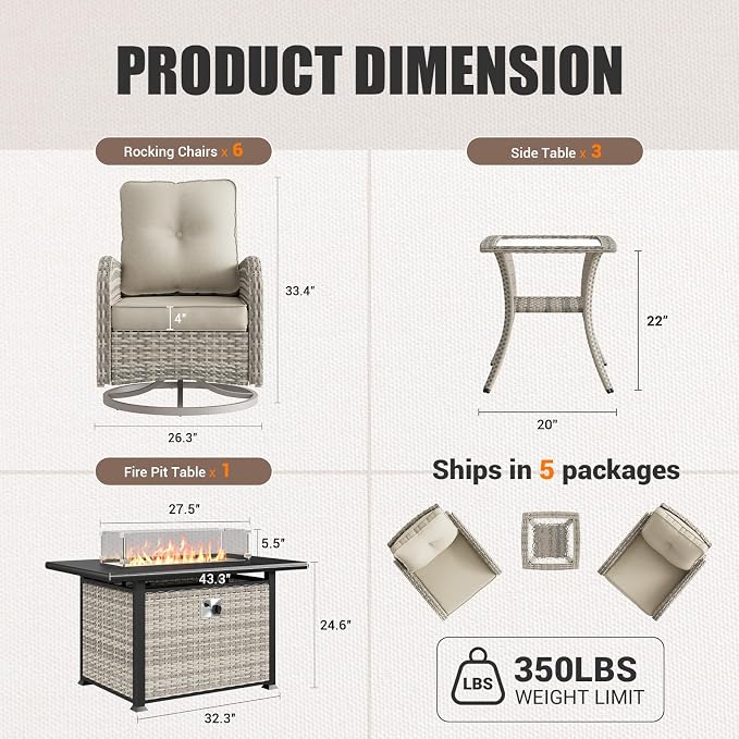10Pcs Patio Rocking Swivel Chair with 55,000 BTU Fire Pit Table Outdoor Wicker Rattan Bistro Set with Tempered Glass Side Table, Outdoor Patio Furniture Set for Garden and Balcony, White