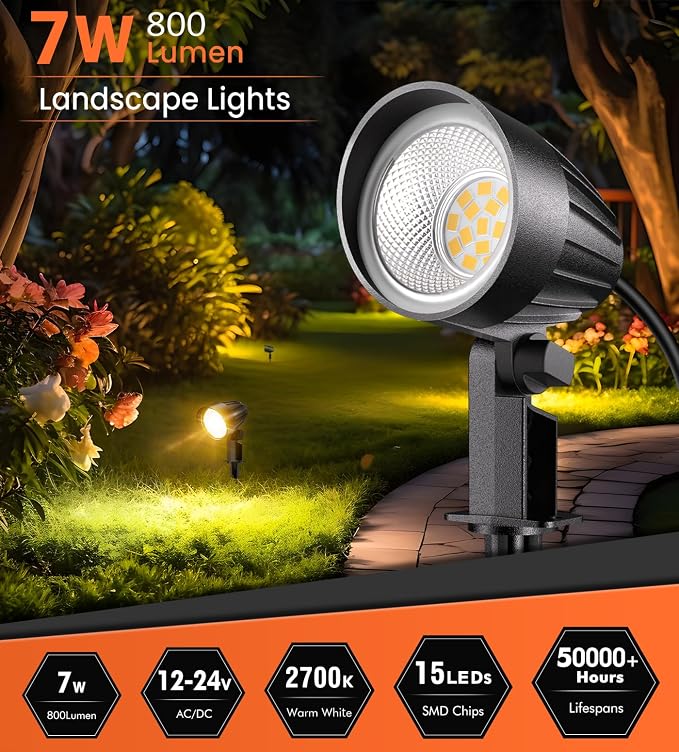 MEIKEE 7W 800LM Low Voltage Landscape Lighting | 12V 24V 2700K Warm White LED Landscape Lights IP66 Waterproof Outdoor Spot Lights for Garden Pathway Wall Tree Fence 2-Pack
