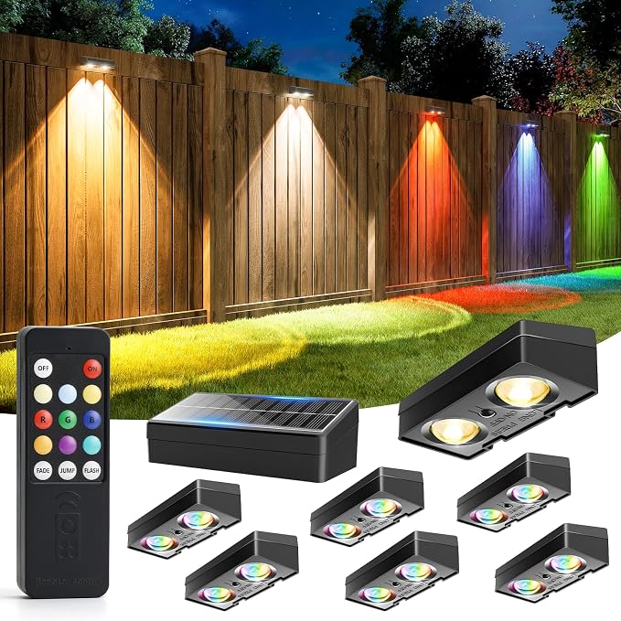 JOFIOS Fence Lights Solar Powered with Remote, 9 Fixed Colors 12 Modes, Solar Fence Lights Outdoor Waterproof, Warm/Cool White, RGB LED Deck Lights for Yard/Railing/Balcony/Patio/Stair/Outside, 8 Pack
